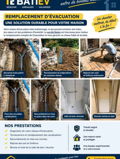🔧 remplacement complet d’une évacuation maison, Le Mesnil Saint Denis 🏠

Une évacuation fortement endommagée peut provoquer fuites, mauvaises odeurs, infiltrations et dégradations dans votre maison.

Sur ce chantier, notre équipe BATIEV est intervenue pour :

✅ Dépose de l’ancienne évacuation endommagée
✅ Ouverture et terrassement du sol
✅ Remplacement des canalisations
✅ Création des nouveaux raccordements
✅ Mise en place et contrôle du réseau
✅ Remise en état du sol et des extérieurs
✅ Réfection de la douche et finitions

💪 Un travail réalisé avec soin, de la démolition jusqu’aux finitions, pour retrouver une évacuation fiable et durable.

🏡 BATIEV – Rénover • Aménager • Valoriser

📞 Besoin de travaux ou d’une rénovation ? Contactez-nous pour votre projet et demandez votre devis.

#renovation #Plomberie #Évacuation #Canalisation #lemesnilsaintdenis